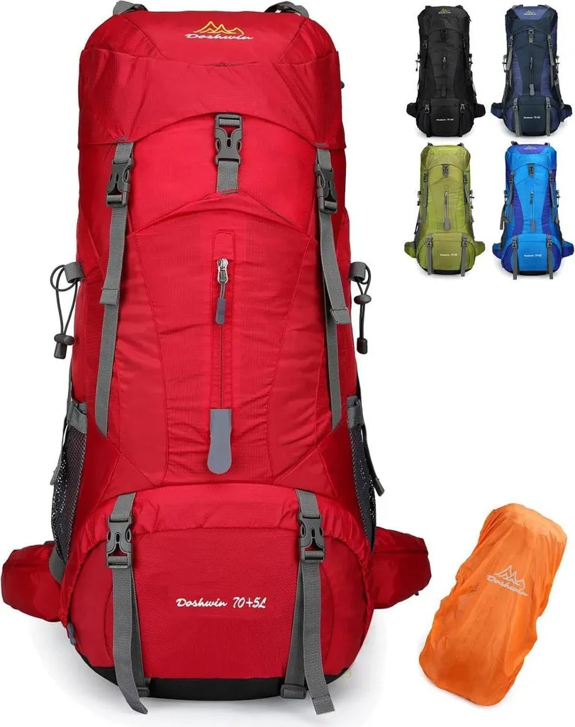 Sac de voyage 70L pour trekking et randonnée longue durée en rouge