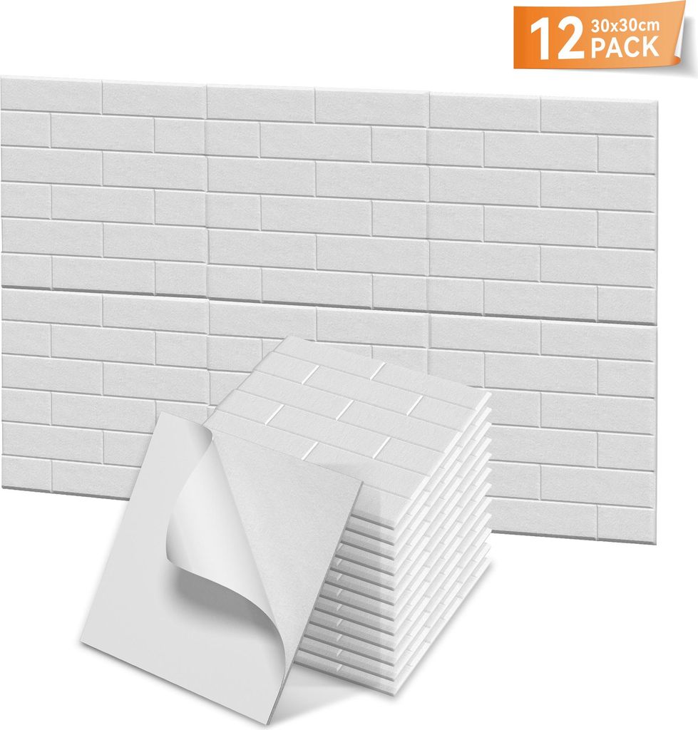 XMTECH 12er Set selbstklebende quadratische Akustikpaneele 30x30x0,9 cm – Schallschutzplatten mit Ziegeloptik – Weiß