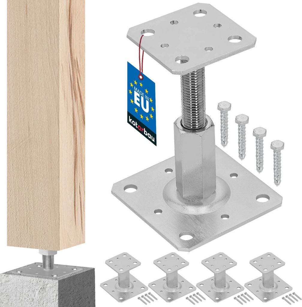 A product image showing a wooden post supported by a metal post base, with multiple bases and screws displayed.