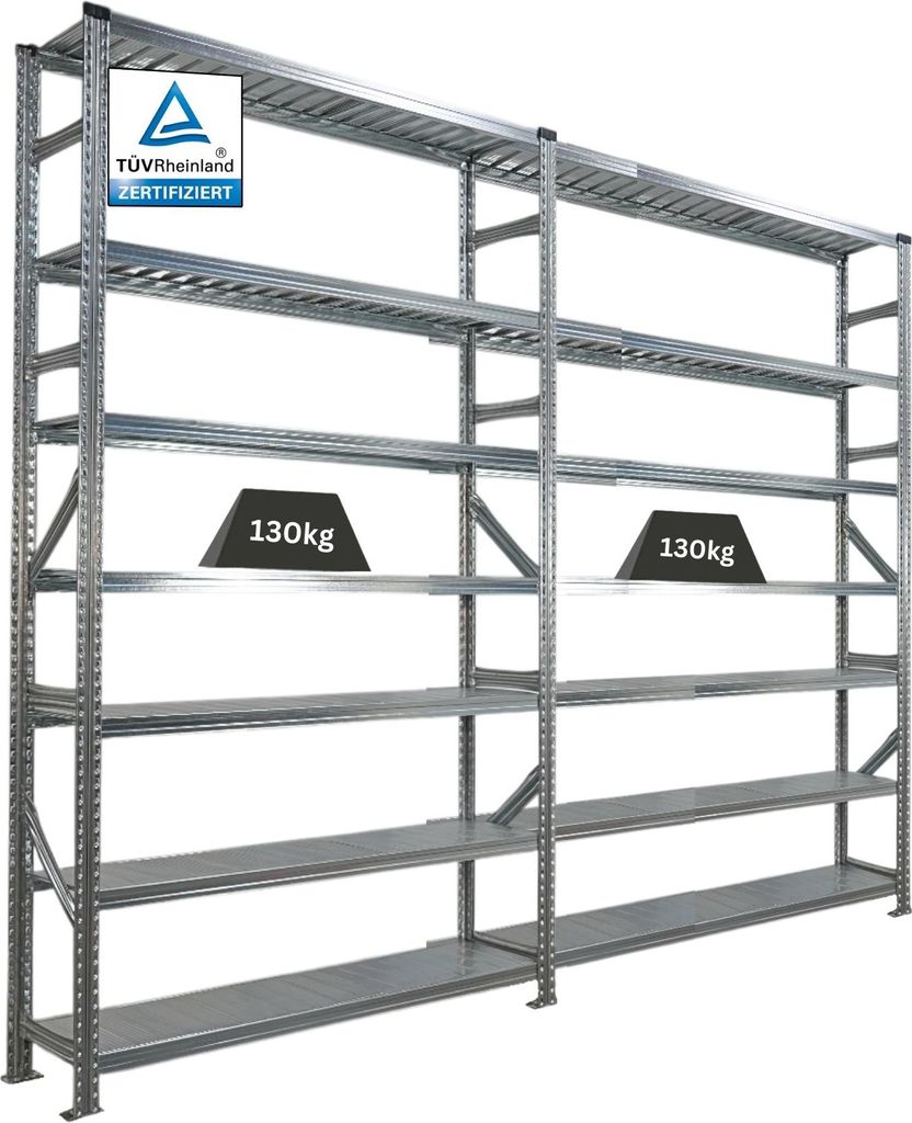 Fachbodenregal PROXIMO mit Stecksystem | Komplettregal | HxBxT 250x300x32cm | 7 Ebenen | Beidseitig nutzbar | Verzinkt