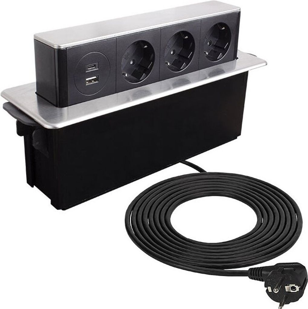 Einbausteckdose USB A/C Edelstahl 3-fach Tischsteckdose Produktbild 