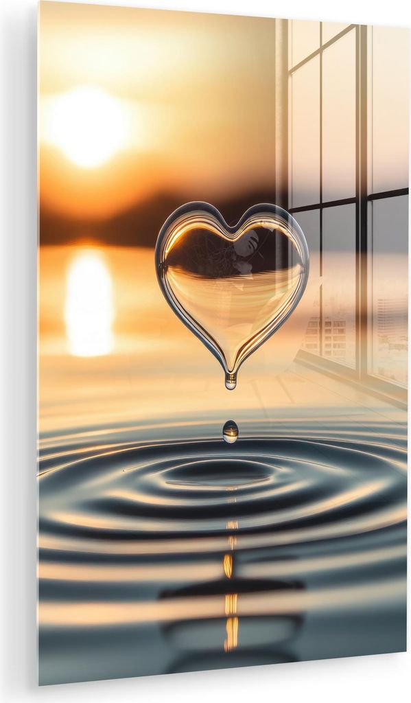 MuchoWow Glasbilder - Bilder auf Wandbild - Foto auf Glas Herz - Wasser - Sonnenuntergang - Natur - Zen 40x60 cm Wanddekoration aus Glas - Acrylgla...