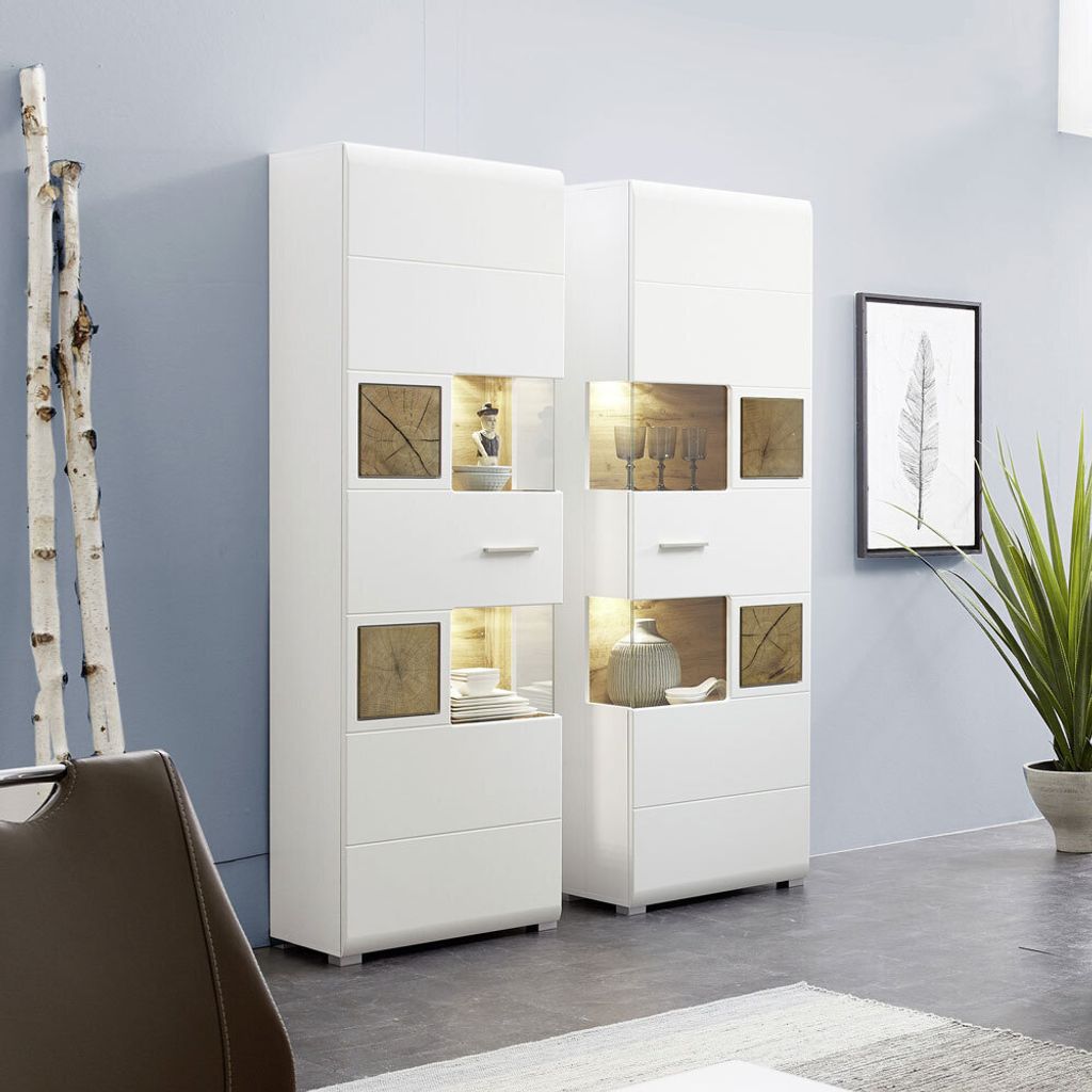 Vitrine Set weiß FARO-36 mit Applikationen in Eiche Hirnholz Nb. und LED Beleuchtung, B/H/T, ca.: 145/205/37 cm