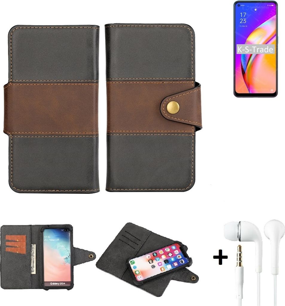K-S-Trade Handyhülle Schutzhülle Bookstyle Wallet-Case kompatibel mit Oppo A94 5G + earphones Bumper rundumschutz schwarz-braun 1x