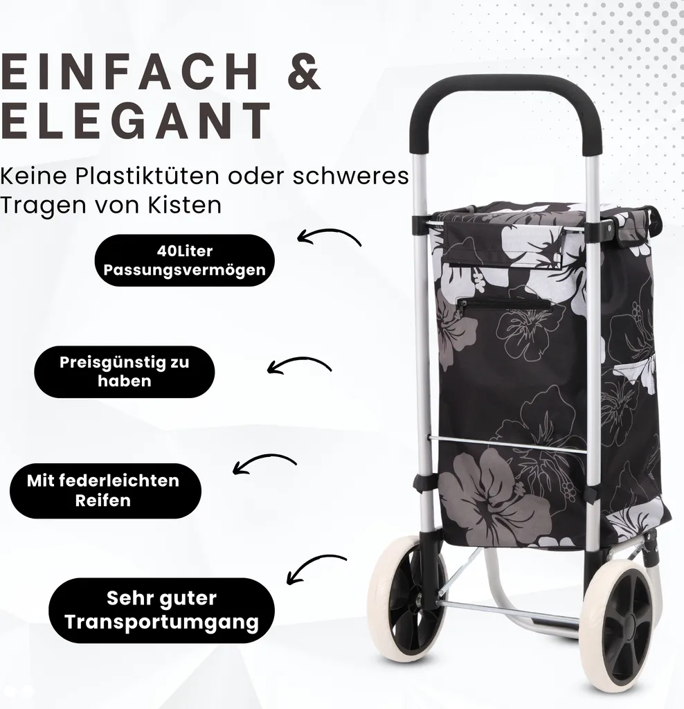 Caddie de courses noir à motif fleurs élégant avec sac imperméable 40L - 5