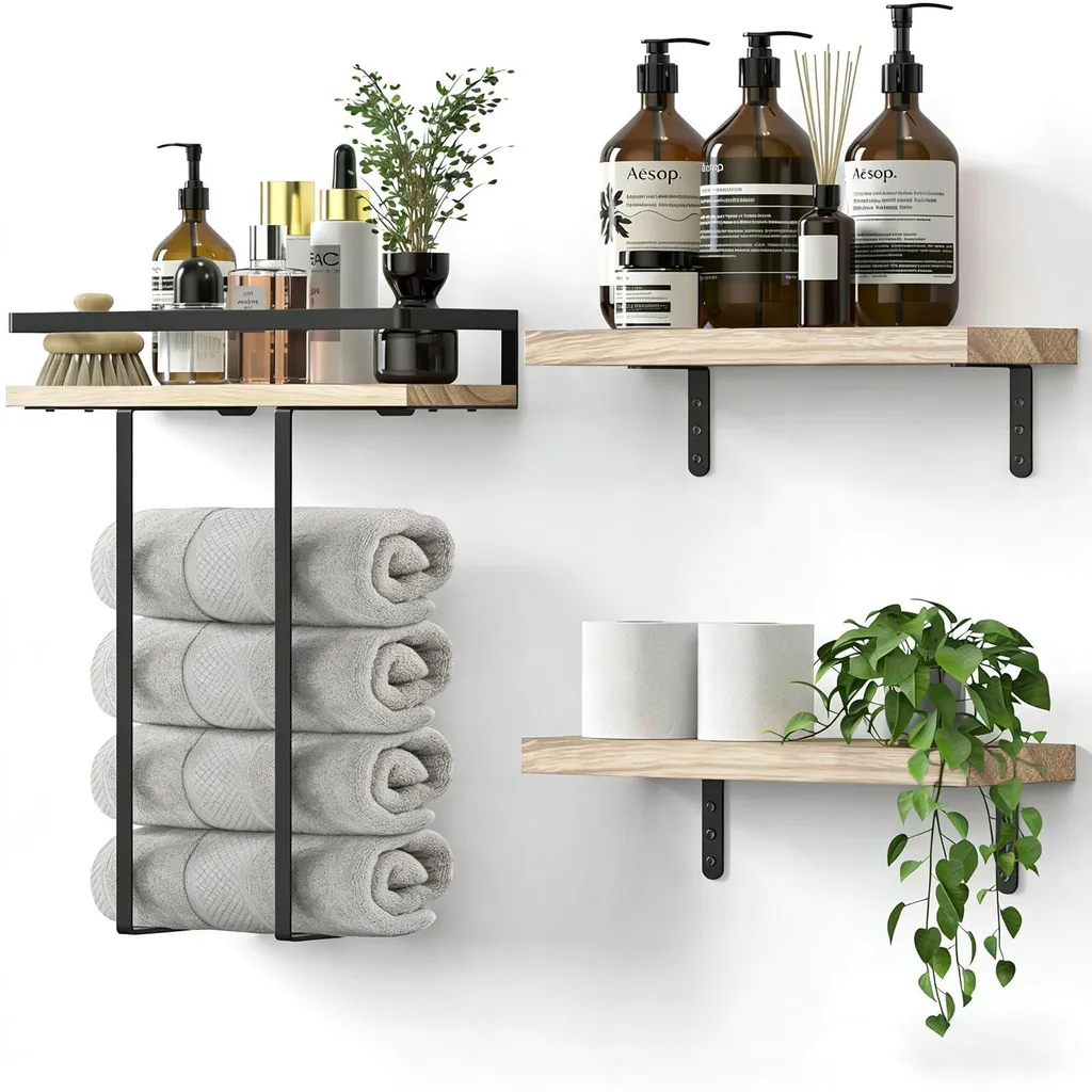 Rangement serviettes mural pour salle de bain - Tablette bois et métal