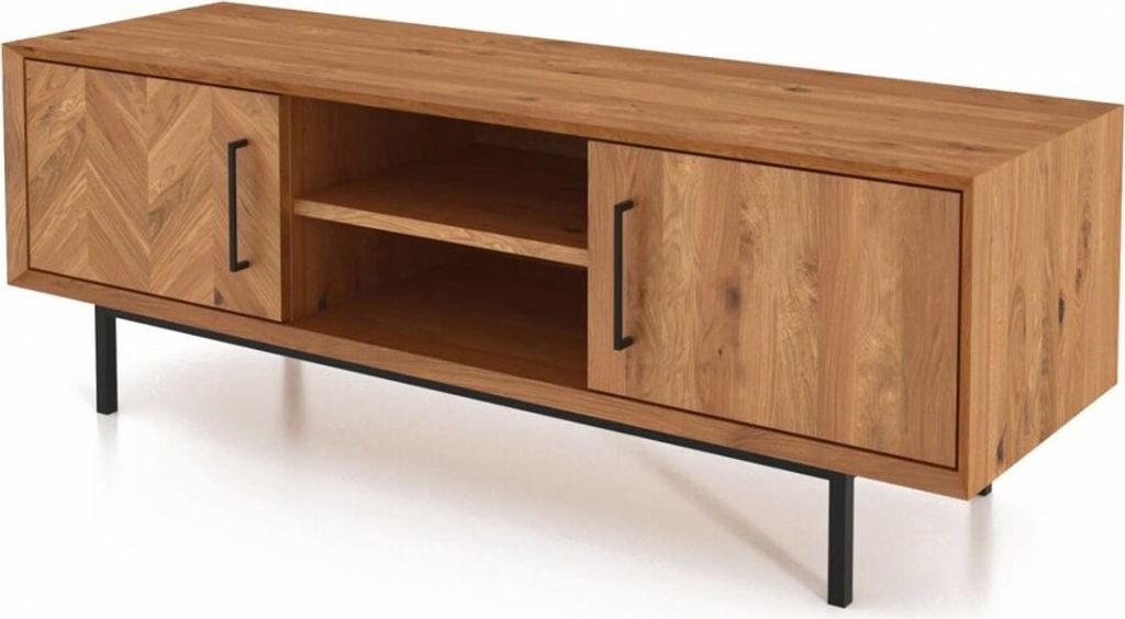 TV-Board Seiba Wildeiche massiv 144x45x50 Metallbeine 2 Türen 2 Fächer Fischgrät