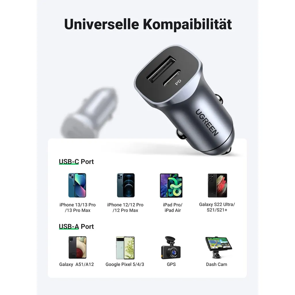 Ugreen 30780 Caricabatterie Auto 24W USB-C PD e USB-A QC 3.0 Grigio - 33