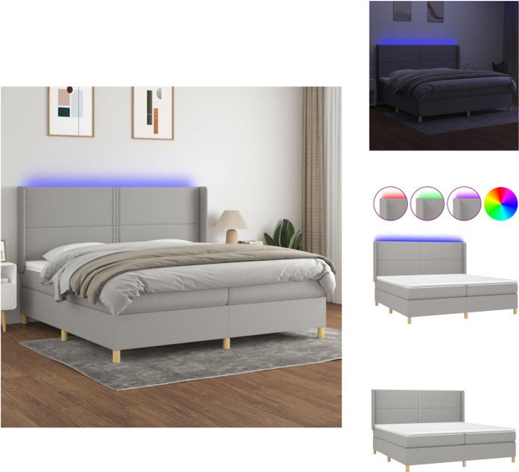 vidaXL Boxspringbett mit Matratze & LED Hellgrau 200x200 cm Stoff - Betten & Bettgestelle