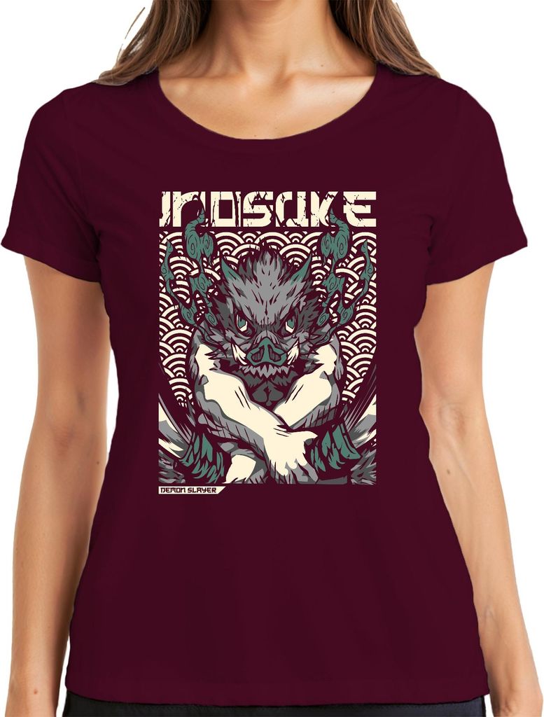 Inosuke Demon Slayer Wildschwein Maske Anime Geschenk Japan Y2K Streetwear Damen T-Shirt, Burgundy, L