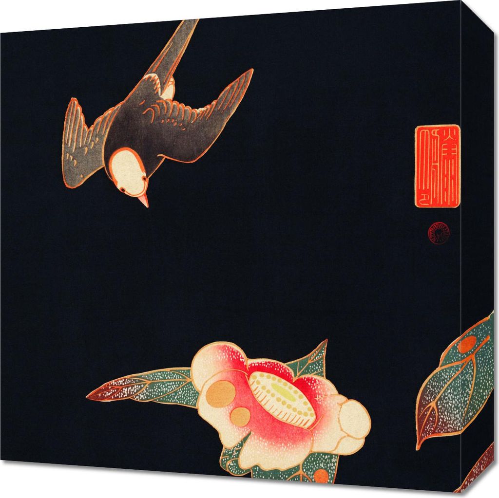 Bild 40x40cm Schwalbe und Kamelie, Jakuchu Japanisch Vintage