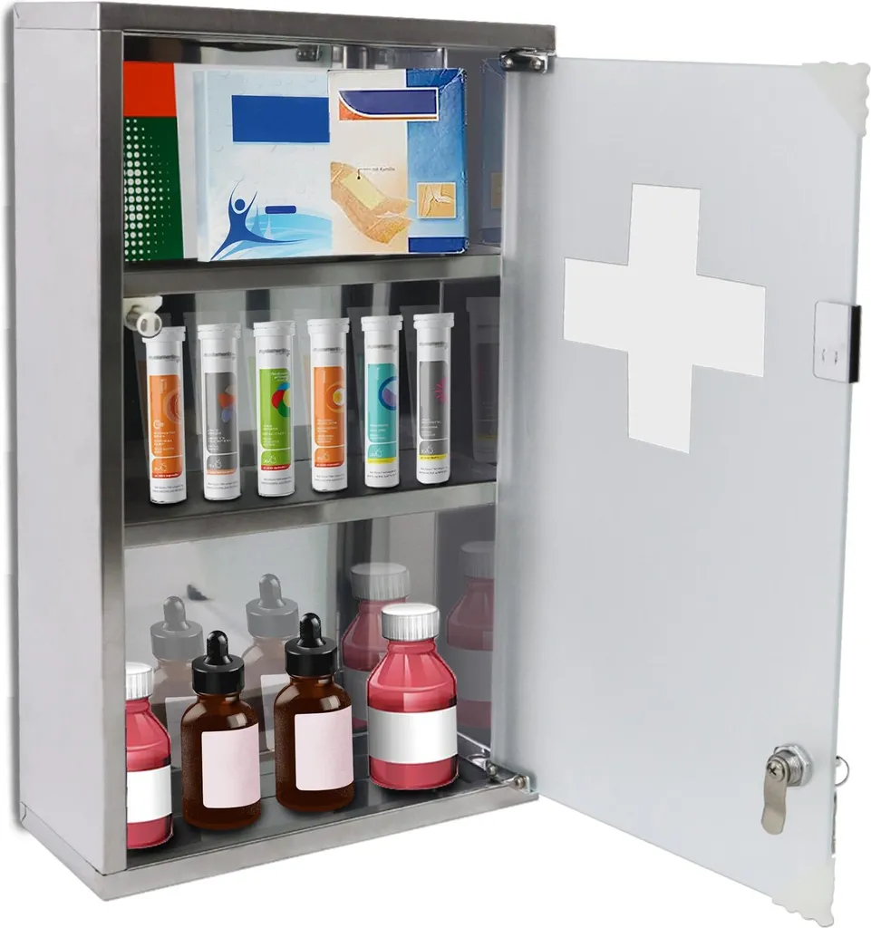 Sessamen-LP Armadietto dei medicinali Armadietto dei medicinali con serratura a 3 scomparti Armadietto per farmacia, con porta in vetro smerigliato, per uso domestico Prodotti farmaceutici Medicinali Unguenti Conservazione, 30 x 12x 50 cm