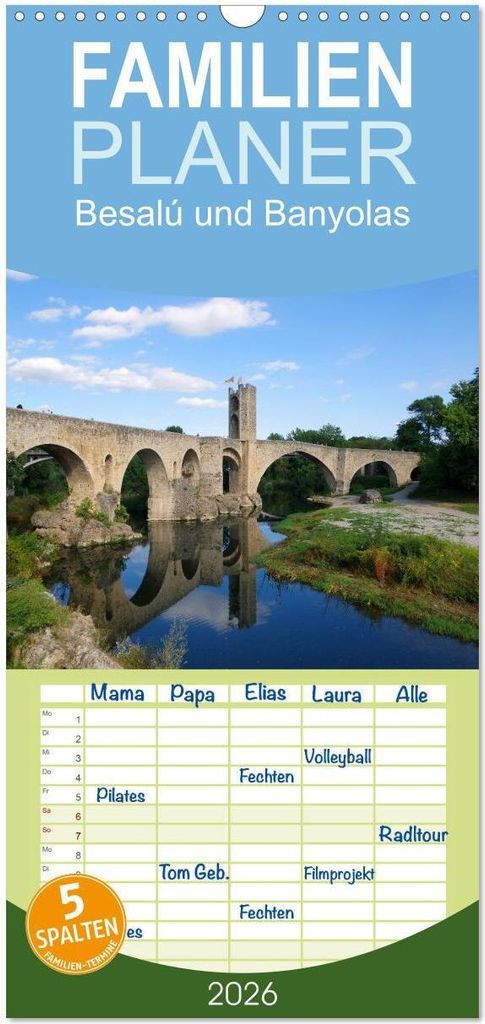Familienplaner 2026 - Besalú und Banyolas mit 5 Spalten (Wandkalender, 21 x 45 cm) CALVENDO