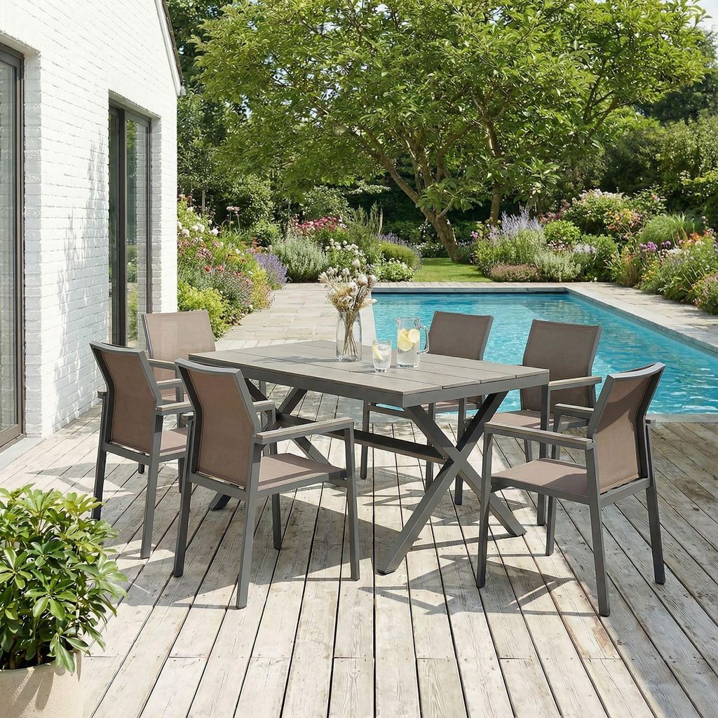 Gartenmöbel Set WINDY mit 1 Tisch und 6 Stühlen aus Alu und WPC in grau/braun, Esstisch Set in Holzoptik, Stühle mit Netz witterungsbeständig b...