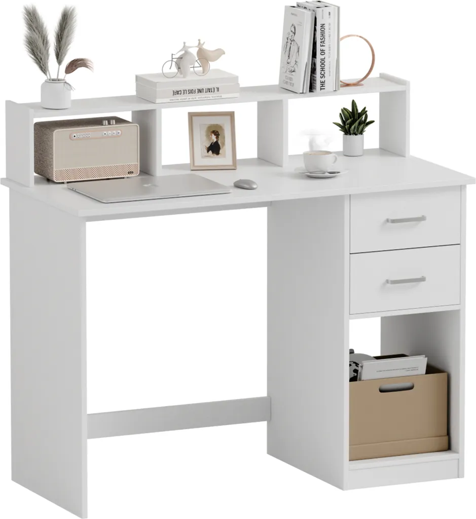Mondeer Bureau Informatique Blanc avec 2 Tiroirs et Rangement Intégré