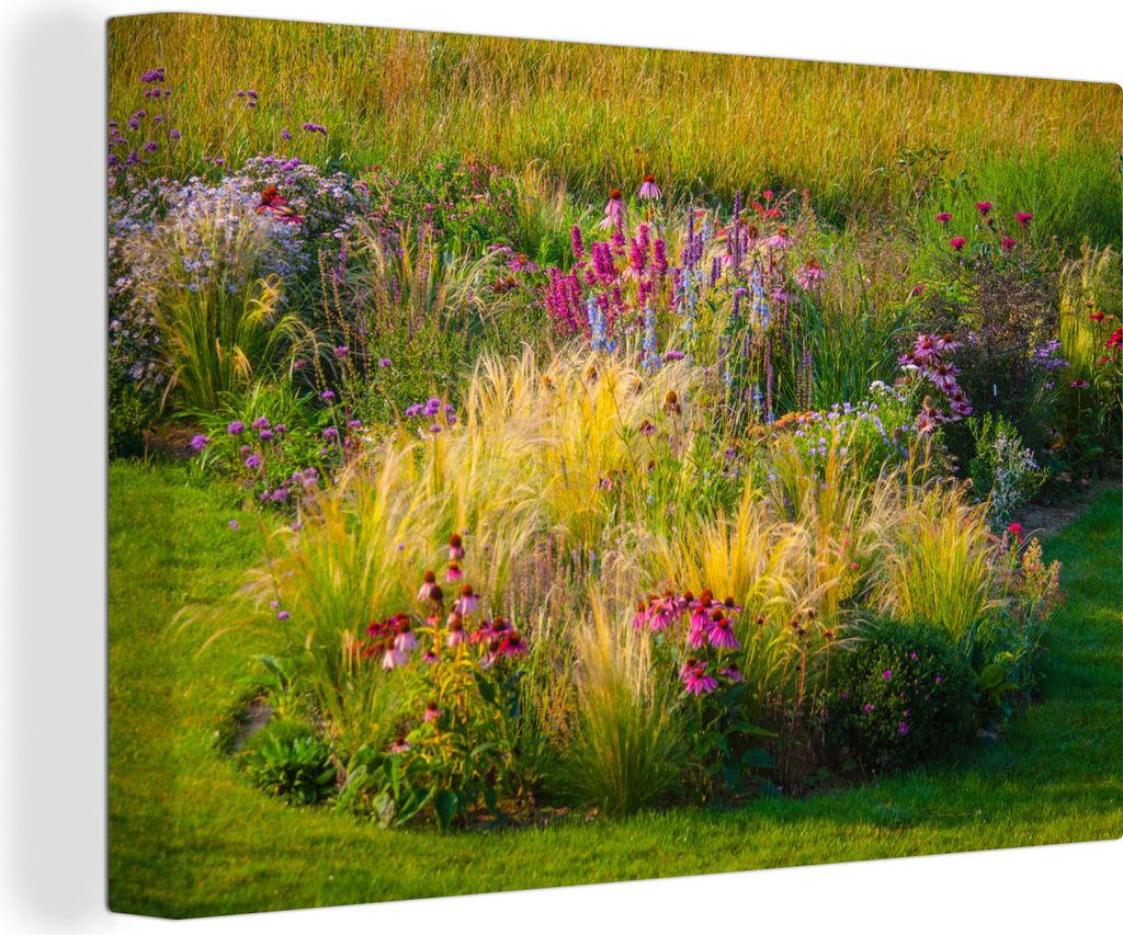 MuchoWow - Leinwandbilder - Ziergras mit farbigen Blüten, Wandbild, Wanddeko Bilder Wohnzimmer, 90x60 cm