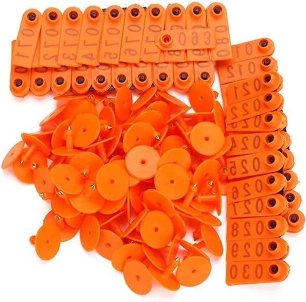 Étiquettes de bétail orange lot de 100 en plastique numérotation 001-100