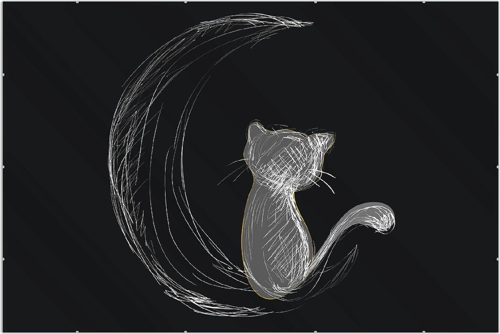 Wallario Wandbild Katze sitzt auf dem Mond - illustriert in weiß auf schwarz, Größe: 61 x 91,5 cm, Poster mit rahmenlosen Bildhalter