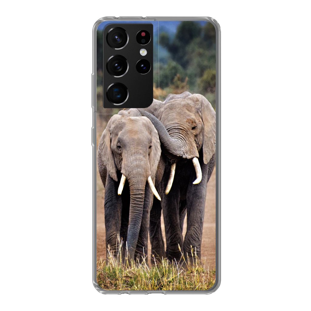 MuchoWow Handyhülle Schutzhülle Hülle für Samsung Galaxy S21 Ultra Elefant - Tiere - Bäume - Natur Silikon Softcase Handy Hülle - Mobiltelefon