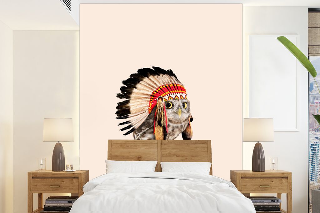 MuchoWow Fototapete für Wohnzimmer oder Schlafzimmer Wandtapete Vinyl Motivtapete Tier - Eule - Indianer - Vogel - 165x220 cm - Wanddekorationen