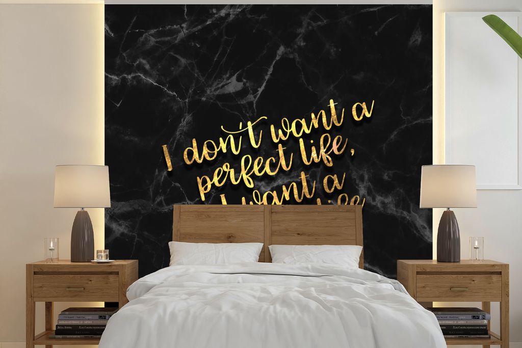 MuchoWow Fototapete für Wohnzimmer oder Schlafzimmer Wandtapete Vinyl Motivtapete Zitate - Glücklich - Gold - Marmor - 280x280 cm - Hintergrund...
