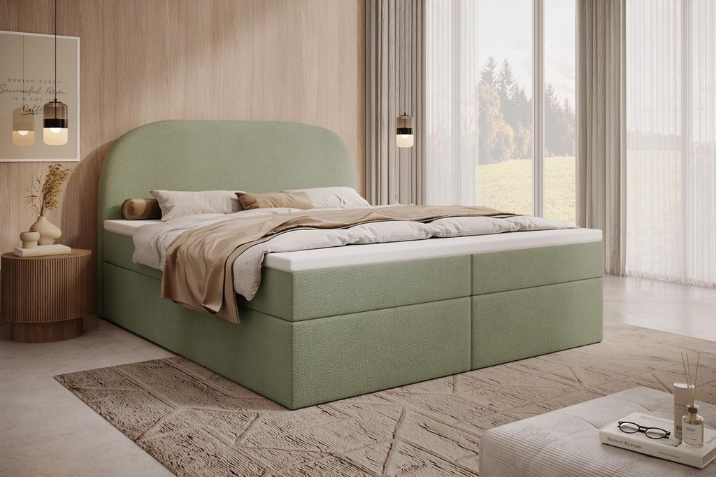 MyBed Zen Boxspringbett Polsterbett Kopfteil Stauraum 180x200 Taschenmatratze H3 Topper Grün Velvet