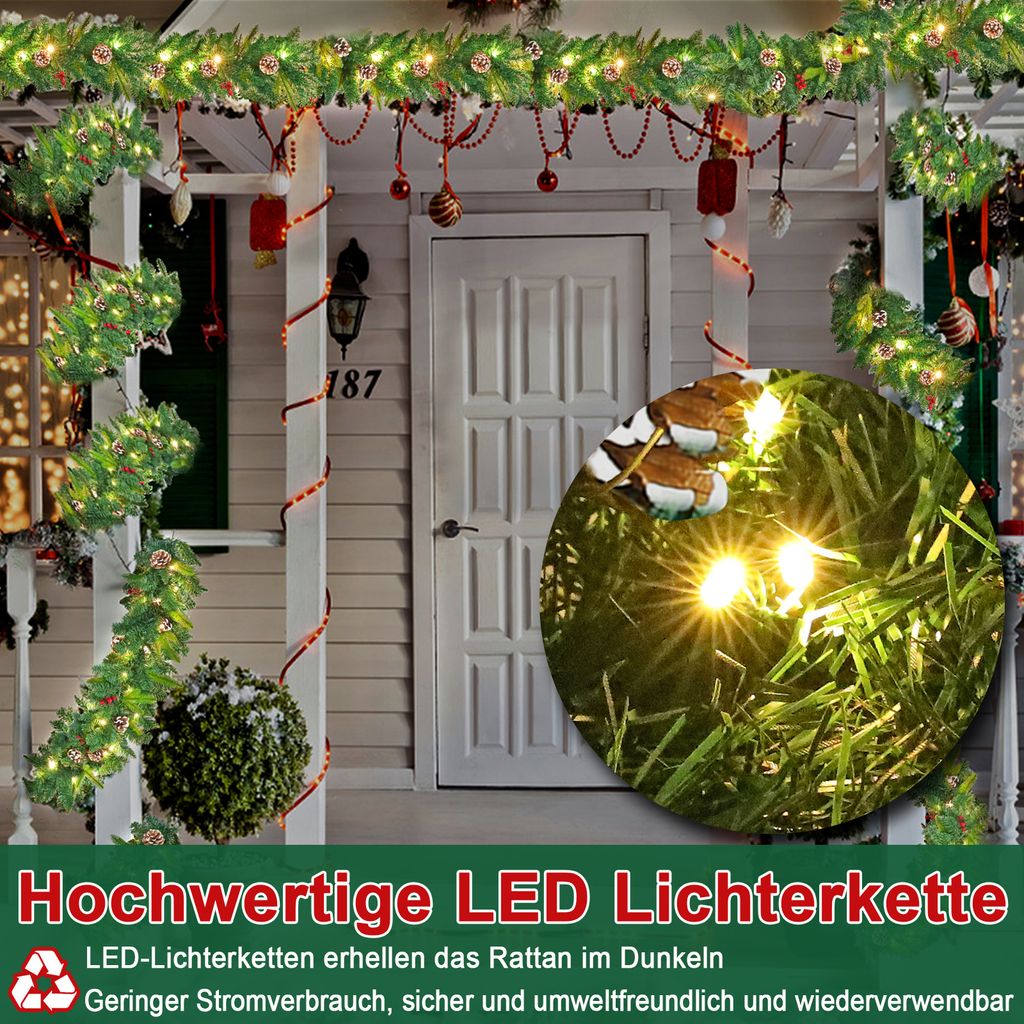 Ghirlanda Natalizia Decorativa da Interno 25x180cm con 50 LED Pigne e Bacche Verde e Bianco