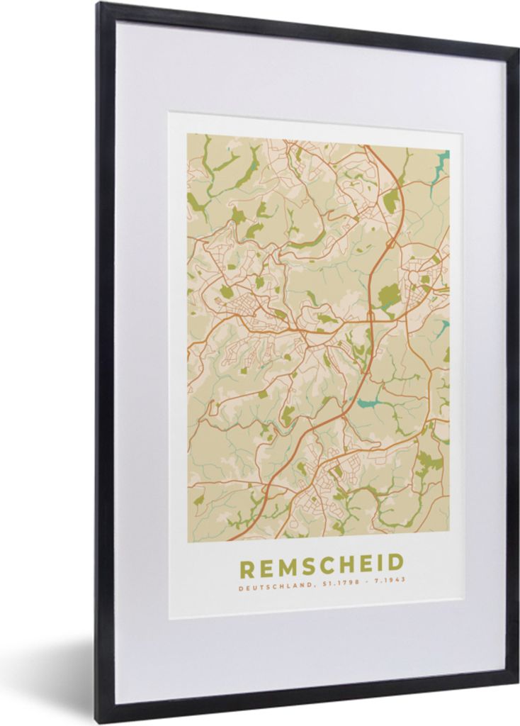 MuchoWow Gerahmtes Poster Stadtplan - Remscheid - vintage - Karte 40x60 cm - Poster mit Schwarzem Bilderrahmen Wandposter Rahmen Foto Bilder - Po...