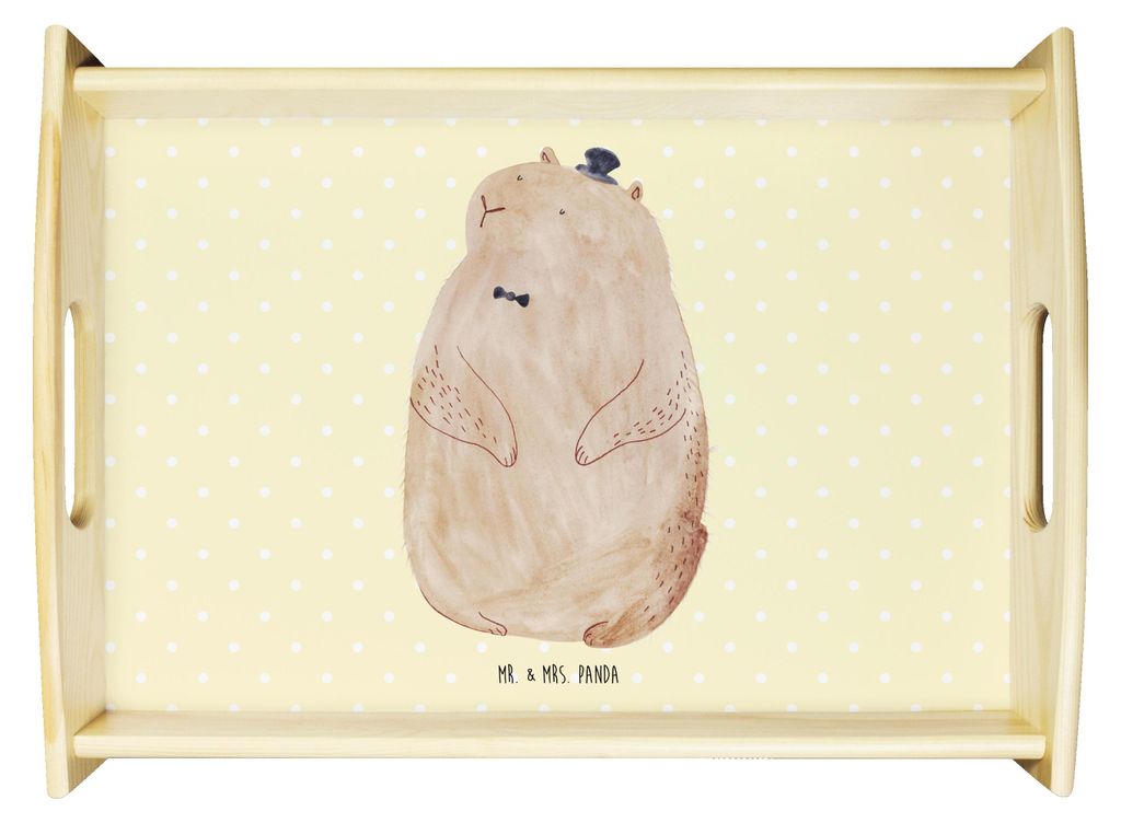 Mr. & Mrs. Panda Tablett Murmeltier - Gelb Pastell - Geschenk, Fröhlichkeit, Dekotablett, Freundlichkeit, aus holz, Respekt, Knigge, Lustige Sprü...
