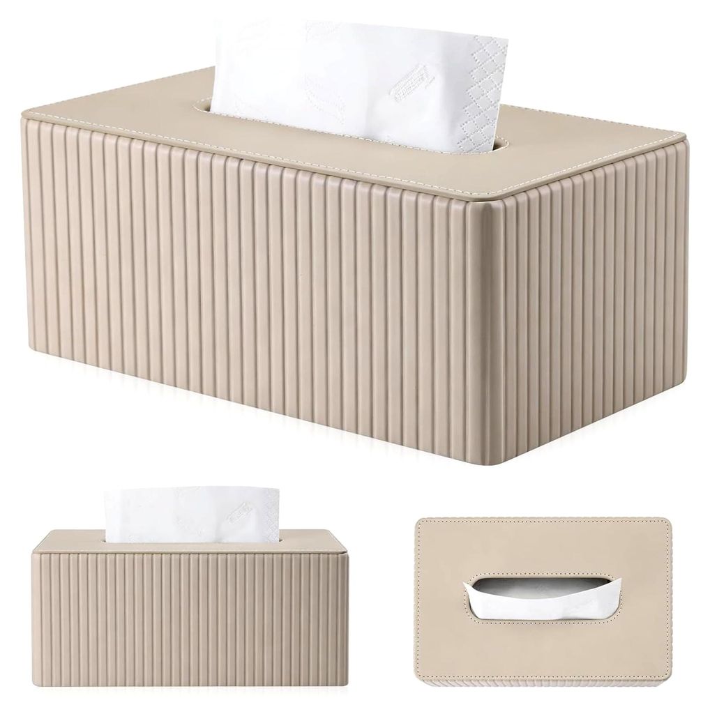 Kunstleder Taschentuchbox, Beige, Rechteckig, Wiederverwendbare Kosmetiktücherbox für Wohnzimmer, Badezimmer, Büro, Elegante Dekoration (25x14x9cm)
