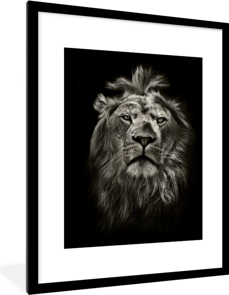 MuchoWow Gerahmtes Poster Löwe - Tiere - Porträt - Wildtiere - Schwarz und weiß 60x80 cm - Poster mit Schwarzem Bilderrahmen Wandposter Rahmen...