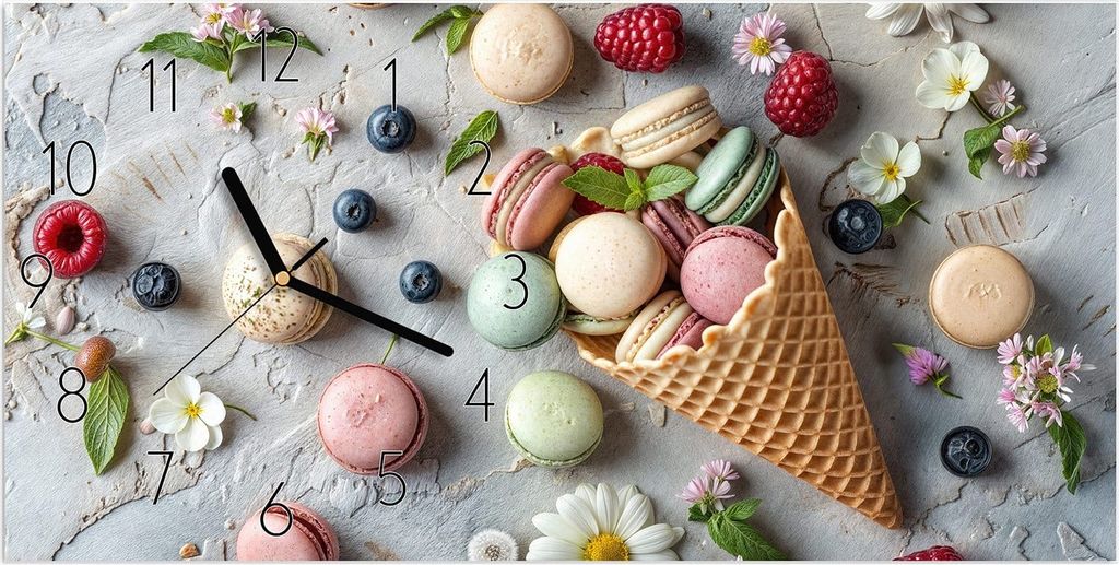 Wanduhr aus Glas mit Motiv Macarons im Sommer- 60 x 30 cm - inkl. Aufhängesystem