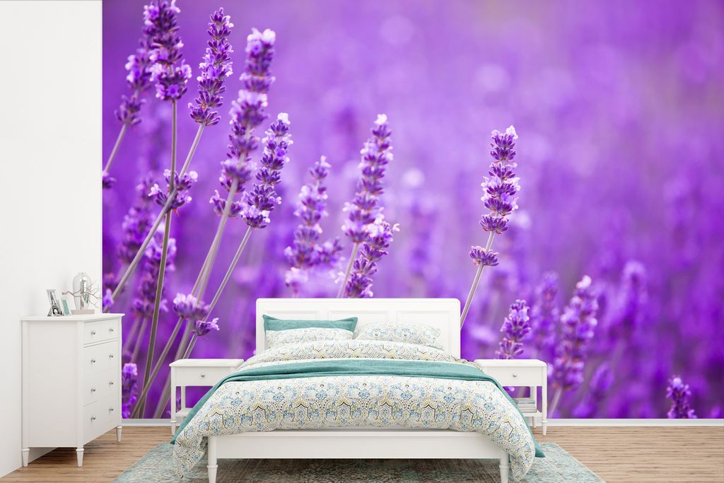 MuchoWow Fototapete für Wohnzimmer oder Schlafzimmer Wandtapete Vinyl Motivtapete Lavendel - Nahaufnahme - Blumen - Lila - 420x280 cm - Zimmer f...