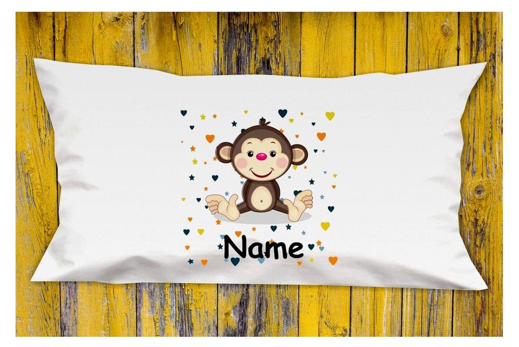 Kuschelkissen AFFE mit Wunschnamen, Tiermotiv, Herzen und Sternen, Größe 40x80cm, Farbe weiß