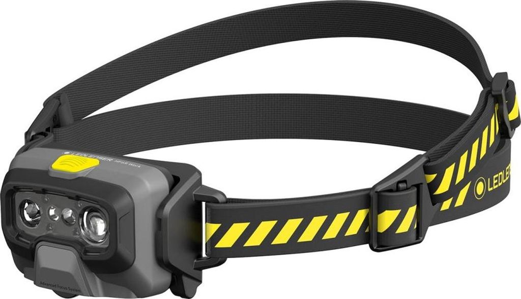 A headlamp with a black strap and yellow accents, shown against a white background.