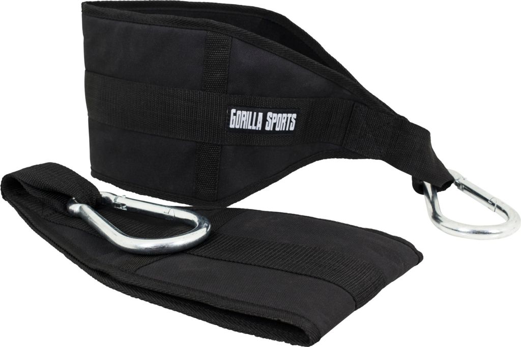 A black weightlifting belt and strap with silver carabiner hooks, presented on a white background.