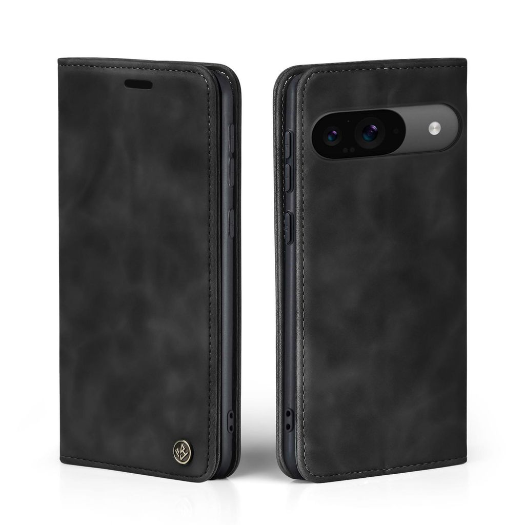A black flip case for a smartphone is shown from two angles against a white background.