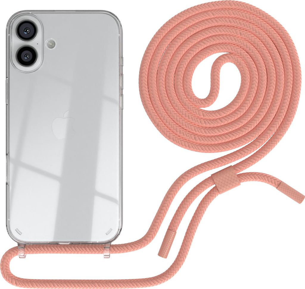 EAZY CASE Handykette für Apple iPhone 16 Plus, Clear Case aus Silikon, mit Umhängeband, abnehmbare Endstücke, Handyband in Rosa