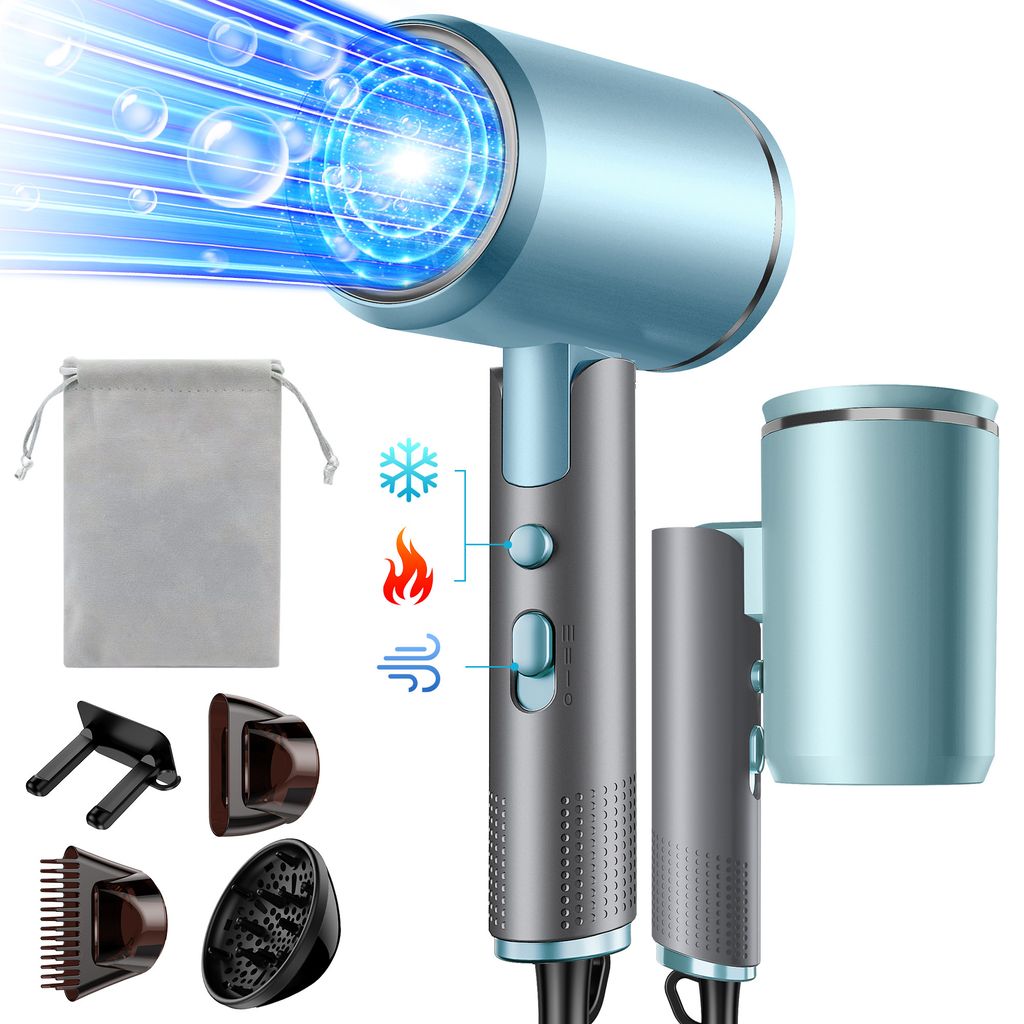A light blue and gray hairdryer with various attachments and a storage bag, presented on a white background.