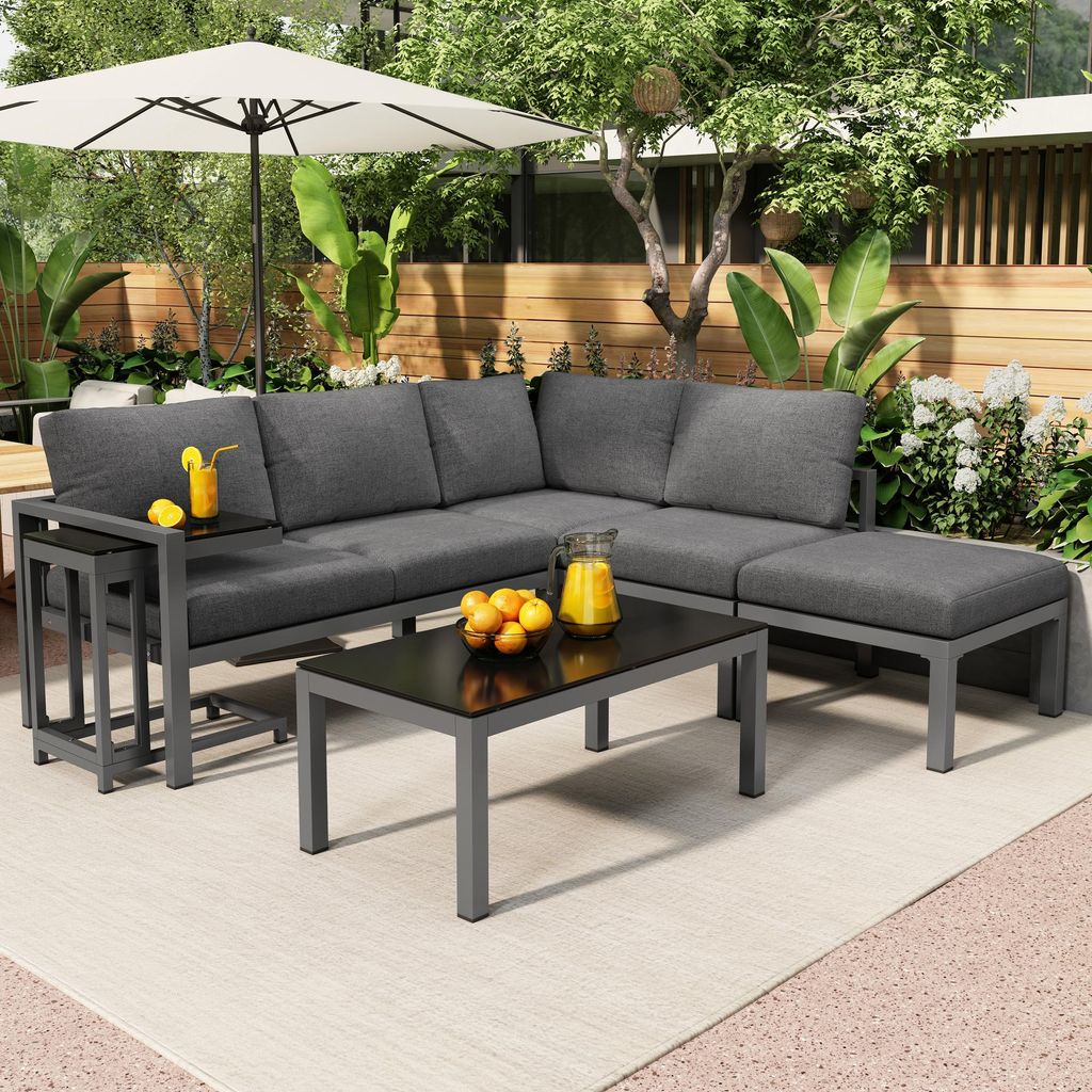5-teiliges Garten Loungesessel Set – Eckloungesessel für 4-5 Personen, mit Beistell- & Couchtisch, wetterfest, inkl. aller Kissen, Grau