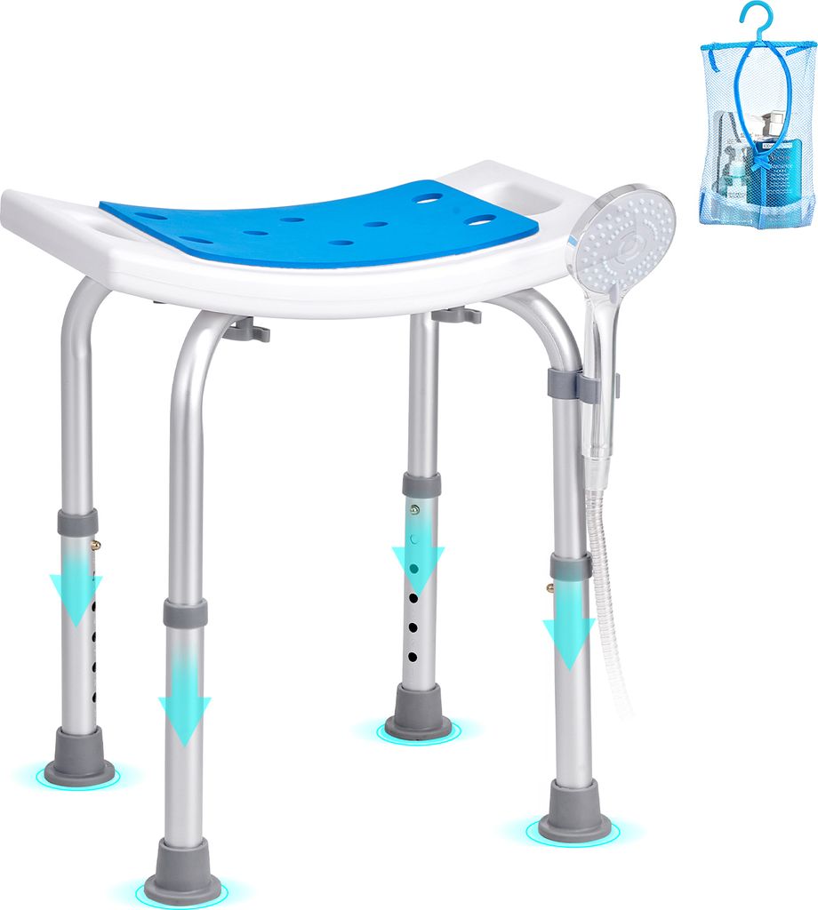 A shower stool with a blue seat and a handheld showerhead attached, shown on a white background. A small clear bag with toiletries is in the upper right corner.