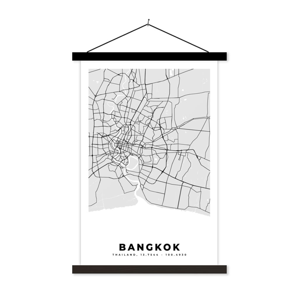 MuchoWow Textilposter Bangkok - Stadtplan - Schwarz und weiß - Karte 60x90 cm mit schwarzem Rahmen - Poster Wohnzimmer