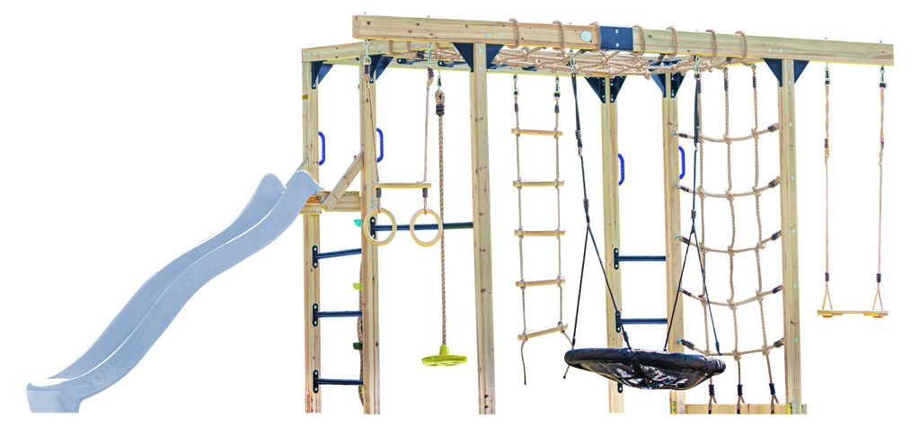 AXI Boris Klettergerüst aus Holz in Braun mit Pastellblau Rutsche | Kletterspielplatz für Kinder mit verschiedenen Schaukeln, Trapez, Kletternetz...