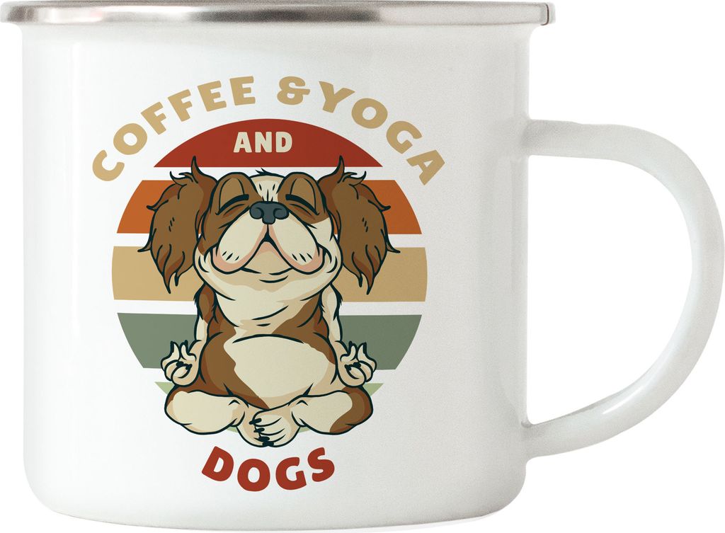 Coffee, Yoga & Dogs Emaille Tasse Büro Meditation Yoga Süßer Hund Geschenkidee Yoga-Studio Mental Health