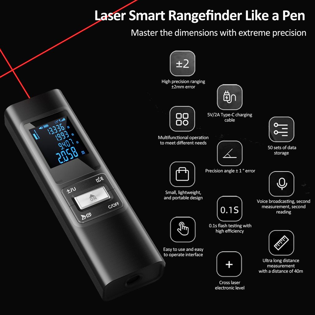 Laser Entfernungsmesser 40m - Digital Mit USB Ladung Für Präzise Messungen