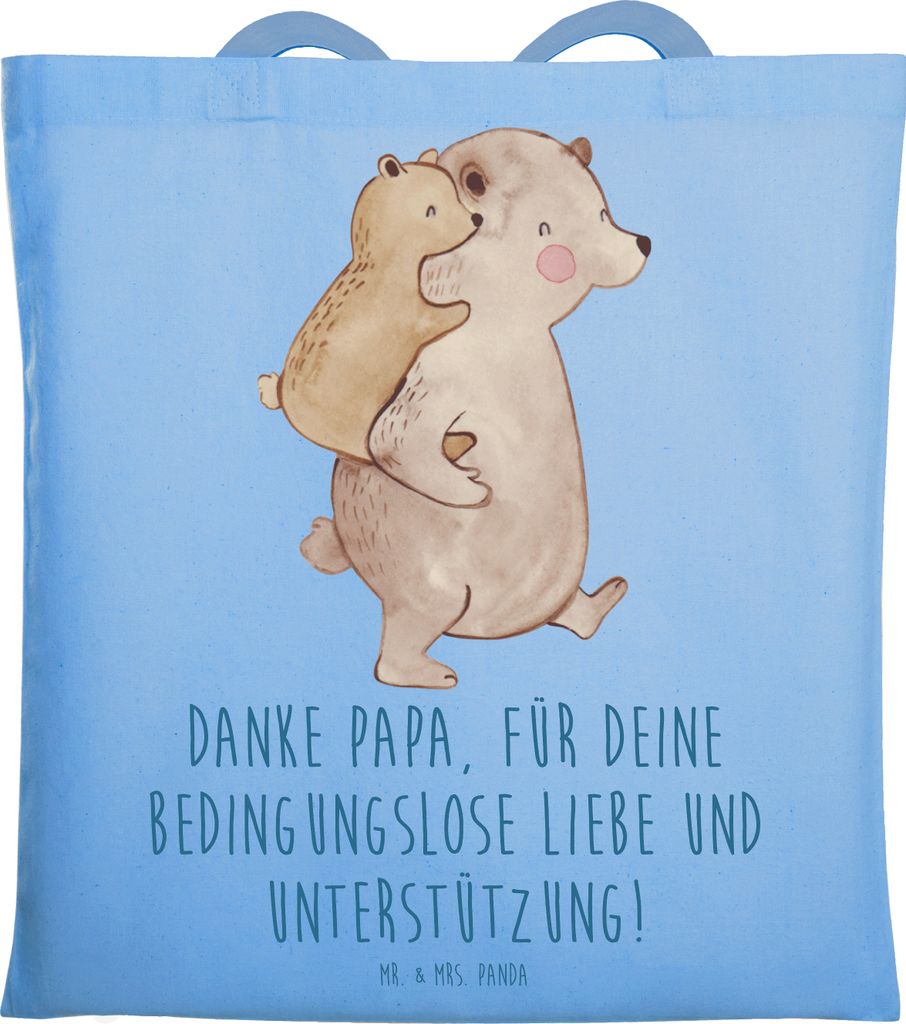 Mr. & Mrs. Panda Tote Bag Danke Papa - Sky Blue - Geschenk, Bedanken, Jutebeutel, Laptoptasche, Uni Tasche, Aufmerksamkeit, Schultasche, Herz, Läc...
