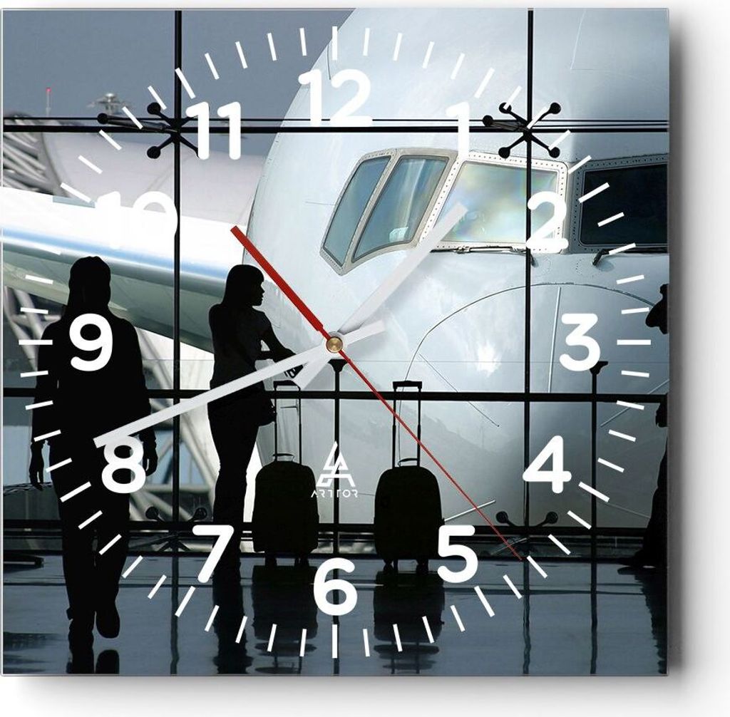 Wanduhr - Quadrat - Glasuhr - Flugzeug Flughafen Passagiere Produktbild 
