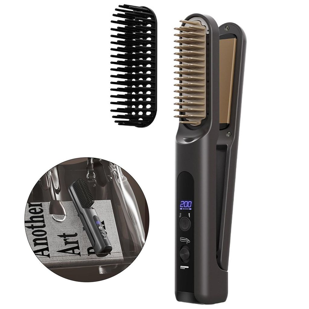Haarbürste,Glätteisen,Kabelloser Haarglätter und Lockenkamm,Glättbürste mit LED-Anzeige,4 Temperaturstufen, Typ-C Laden