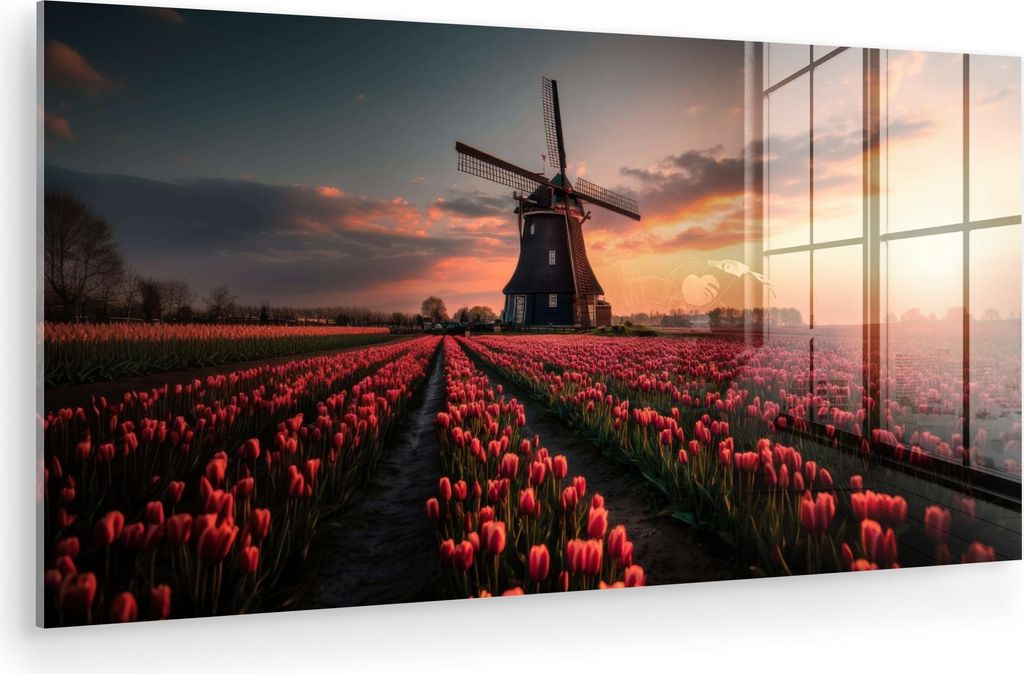 MuchoWow Glasbilder - Bilder auf Wandbild - Foto auf Glas Mühle - Sonnenuntergang - Tulpen - Rot 80x40 cm Wanddekoration aus Glas - Acrylglasbild ...