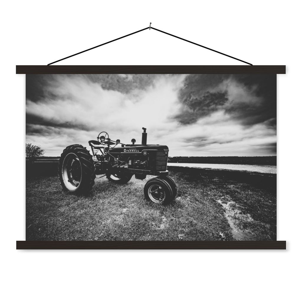 MuchoWow Textilposter Traktor - Schwarz - Weiß - Bauernhof - Vintage 150x100 cm mit schwarzem Rahmen - Schlafzimmer